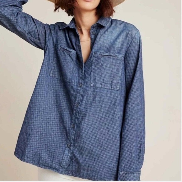 Anthropologie Pilcro Letterpress Split Back Cotton Denim Button Down Shirt Small - Picture 1 of 13